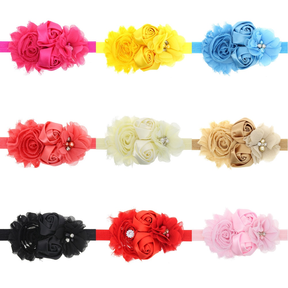 1 PCS Solid Color Rose Floral Baby Girl Elastic Hairband Fashion Rhinestone Flowers Newborn Headband Sweet Kids Hair Accessories