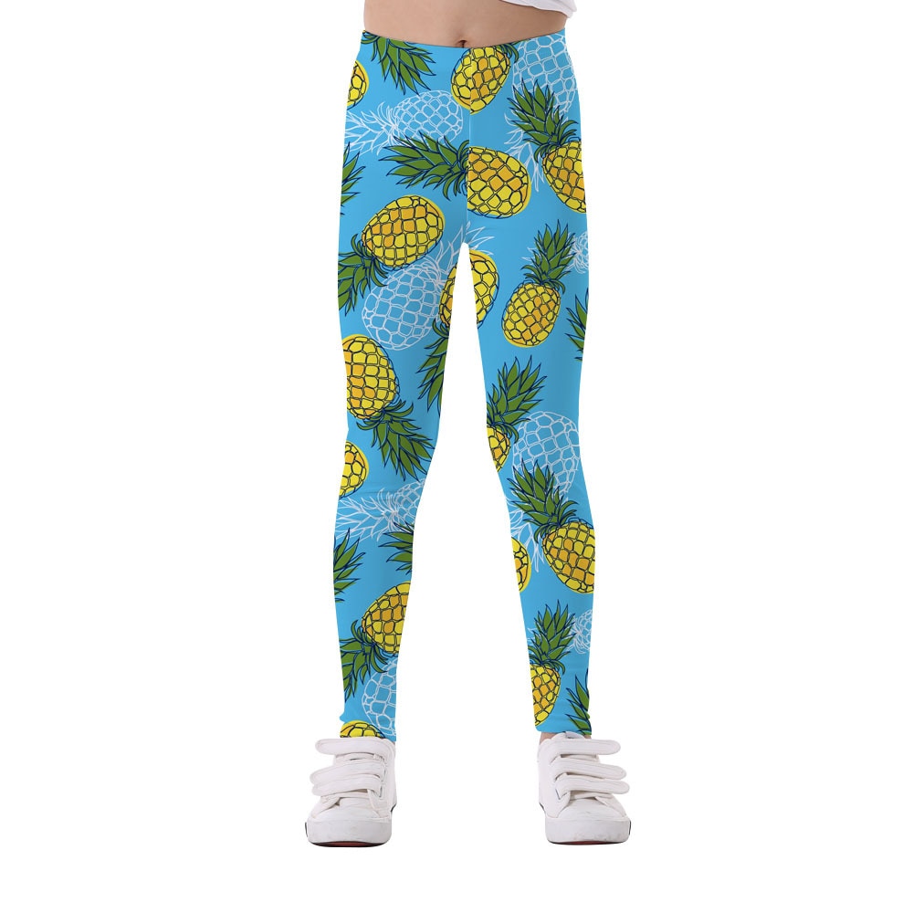 Kids Girls Pineapple Printed Leggings Blue Cropped Pants Children Princess Sport Yoga Pants Fitness Elastic Girls Tights 5-12Y