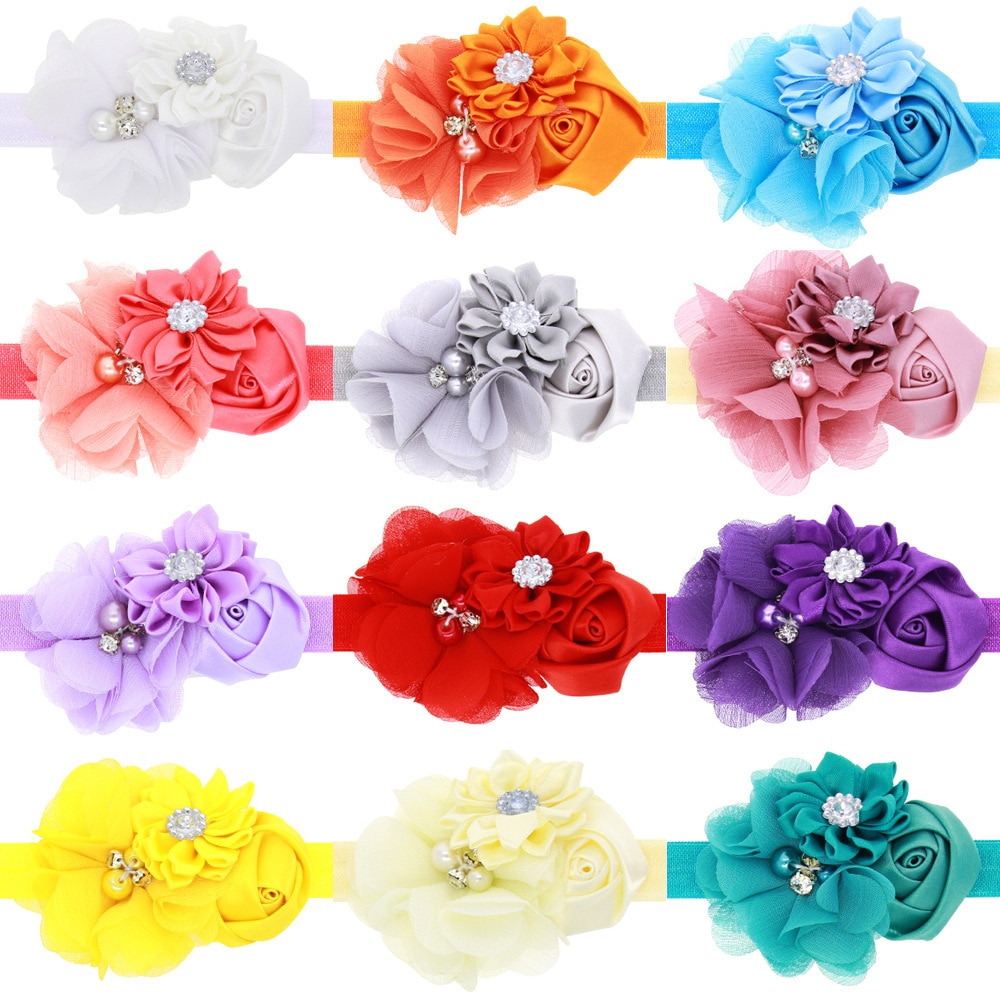 Shining Rhinestone Beads Chiffon Flower Toddler Headband Cute Handmade Rose Floral Hairband Clothing Ornaments Photography Props
