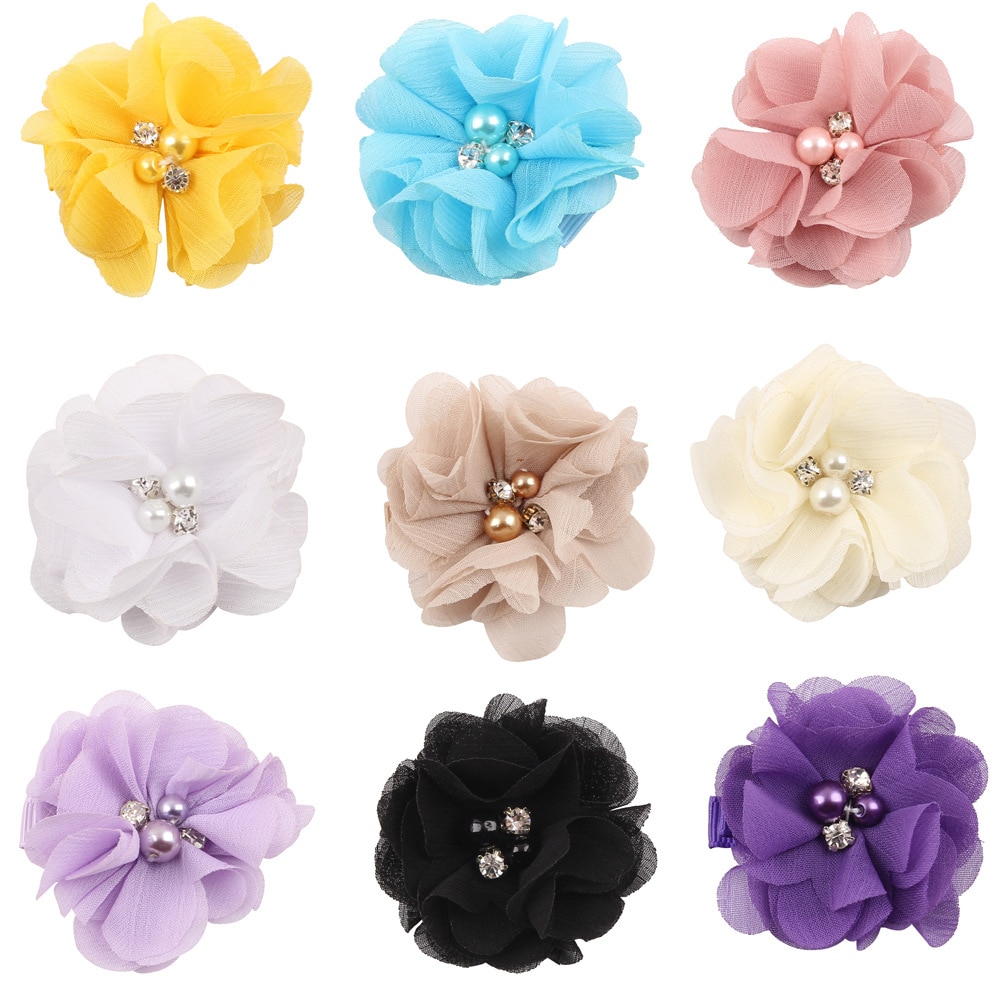 Hand Sewing Rhinestone Beads Chiffon Flowers Hair Clips Solid Color Handmade Floral Hairpins DIY Baby Headwear Photography Props