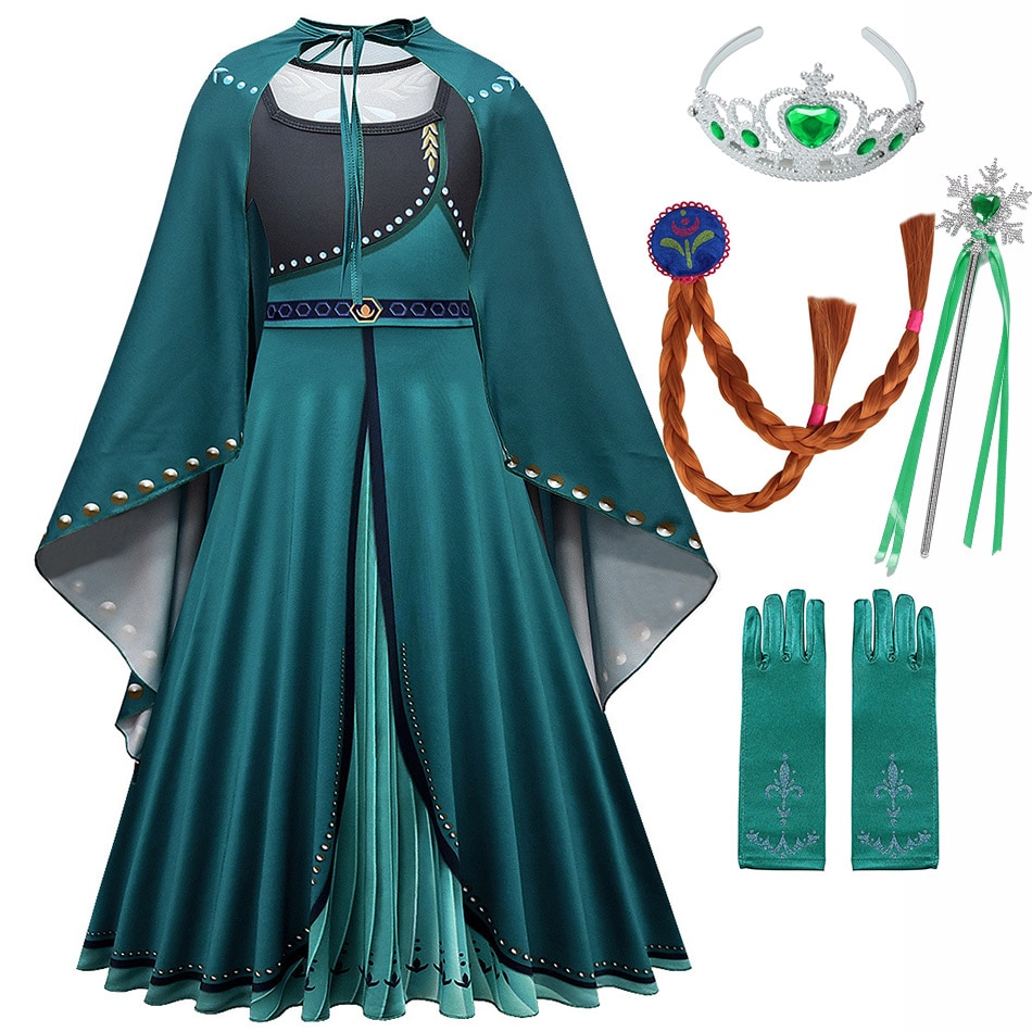 Dark Green Queen Anna Princess Dress with Cape Clothing Set for Girls Winter Christmas Party Gowns Snow Queen Coronation Cosplay