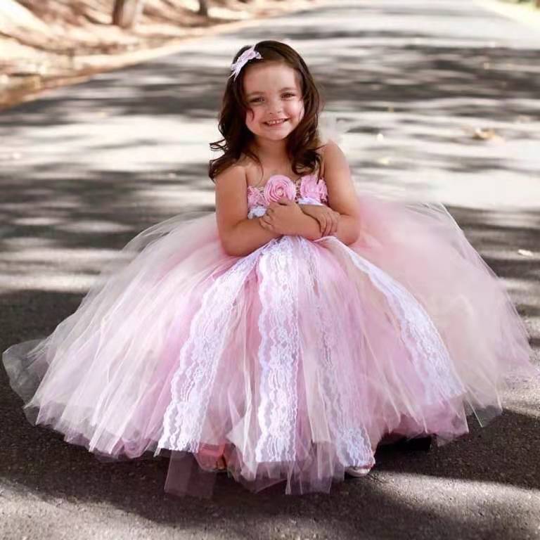 Baby Girls Pink Flower Lace Tutu Dress Kids Crochet Tulle Dress Ball Gown Vestidos with Pearl Roses Children Party Costume Dress