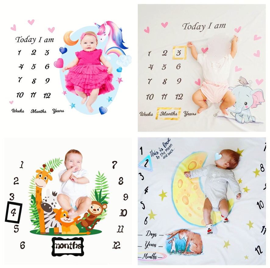 Cute 12 Month 1M Newborn Baby Monthly Milestone Blanket Stickers Frames Photo Props Background Diaper Backdrop Cloth Accessories