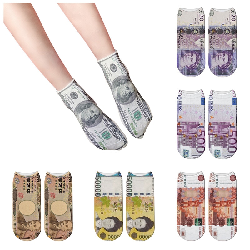 Dollar Printed Women Cotton Short Socks Funny Creative Currency Socks Unisex Fashion Harajuku Soft Low Ankle Socks For Female