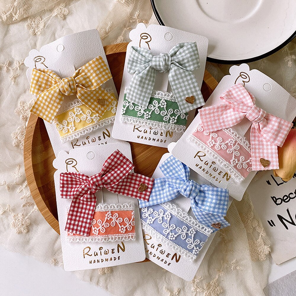 2 Pcs Kids Girls Bows Hair Clips Baby Children Hairpins Barrettes Fashion Flower Embroidery Lace BB Clip Hair Accessories