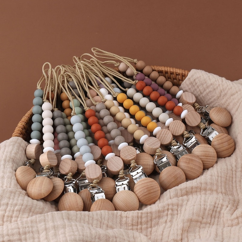 BPA-Free Silicone Beads Baby Pacifier Clip Chain DIY Dummy Nipple Clip Appease Soother Chain Beech Wood Clips Baby Teething Toys