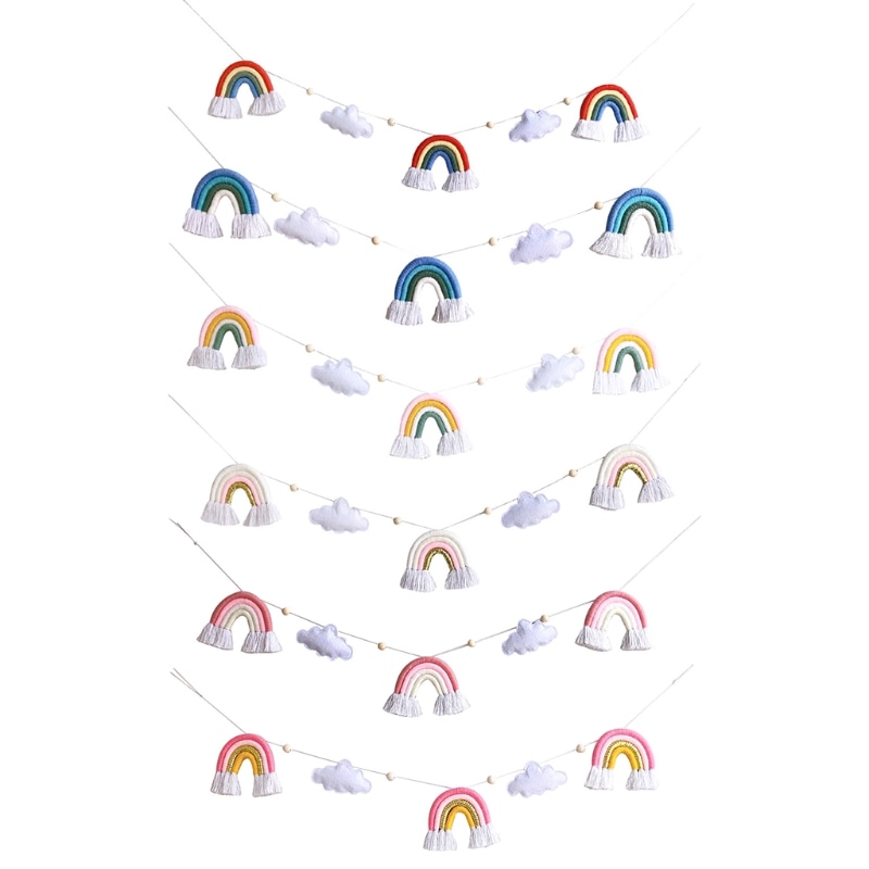 Nordic Wooden Beads Garland with Felt Cloud Knitting Wool Rainbow Tassel Pendant Hanging Ornament Photo Shooting Props for Baby