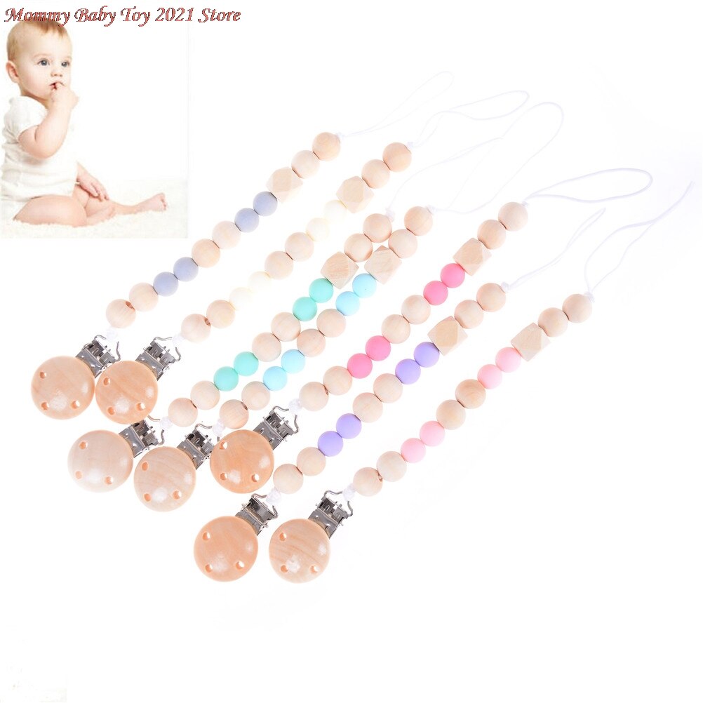 Silicone and Wood Baby Pacifier Clips Toddler Kids Chew Toys Baby Shower Gifts Infant Pacifier Chain Baby Soother,