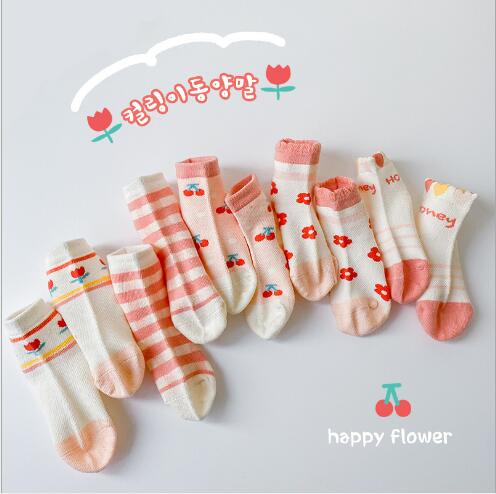 1-12Y 5Pairs pack 2021 new spring and summer thin flower socks combed cotton cute girls mesh socks