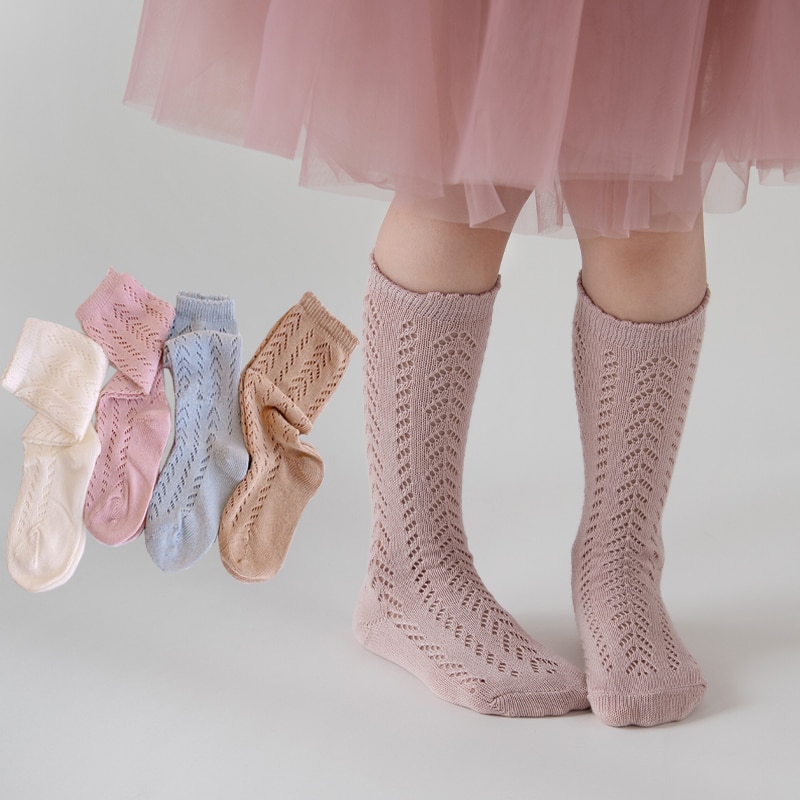 Summer Kids Socks Baby Girls Knee High Toddler Solid Socks Cotton Long White Princess Mesh Socks Children Hollow Out Socken