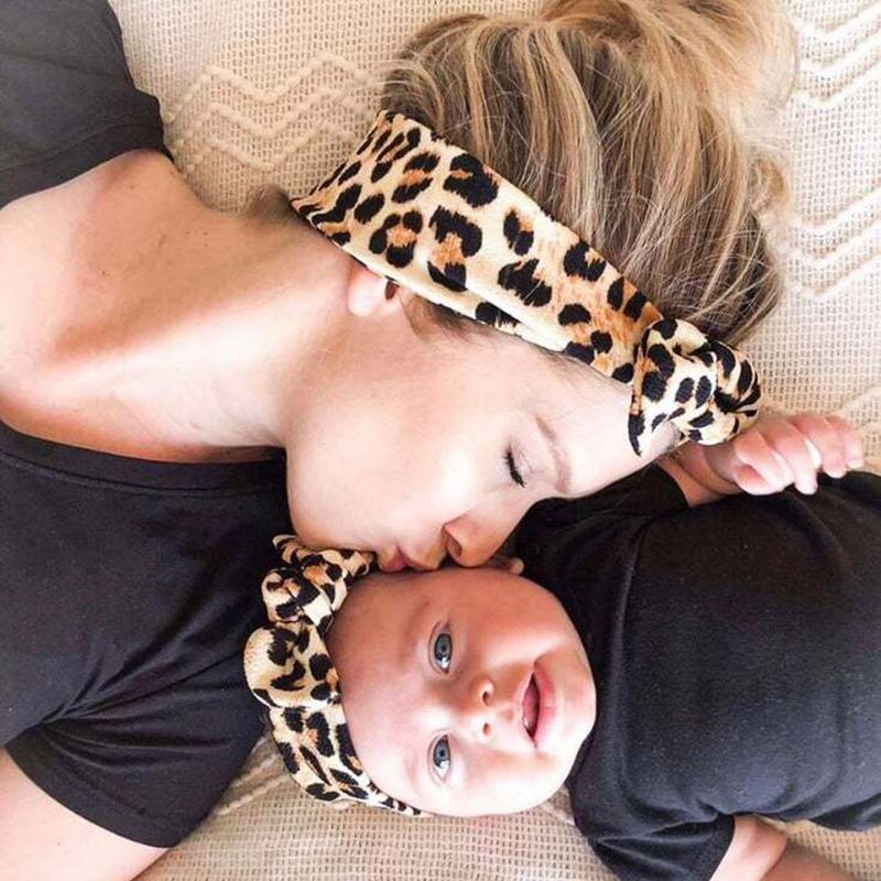 2Pcs/Set Mom & Baby Headbands Elastic Twist Knot Headbands Family Leopard Parent-Child Headwear Parent-Child Hair Accessorie