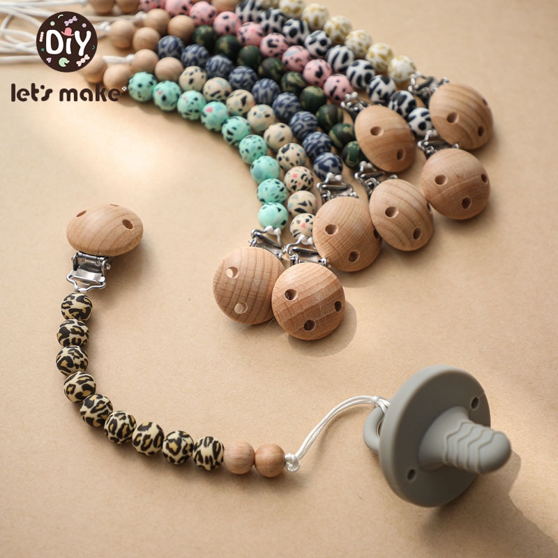 Baby Leopard Print Silicone Three-Hole Beech Wood Pacifier Chain Leash Strap Nipple Holder For Infant Nipple Bottle Clip Chain