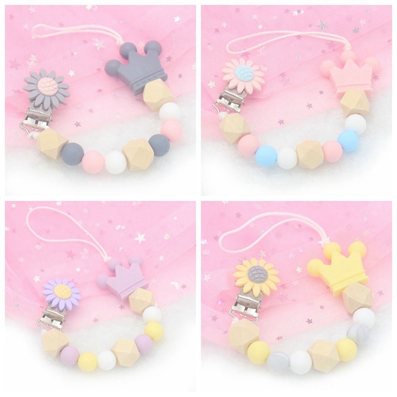 Baby Pacifier Clips Crown Sunflower Baby Pacifier Holder Clip with Silicone Beads Nipple Pacifier Chain Clip Infant Teething Toy