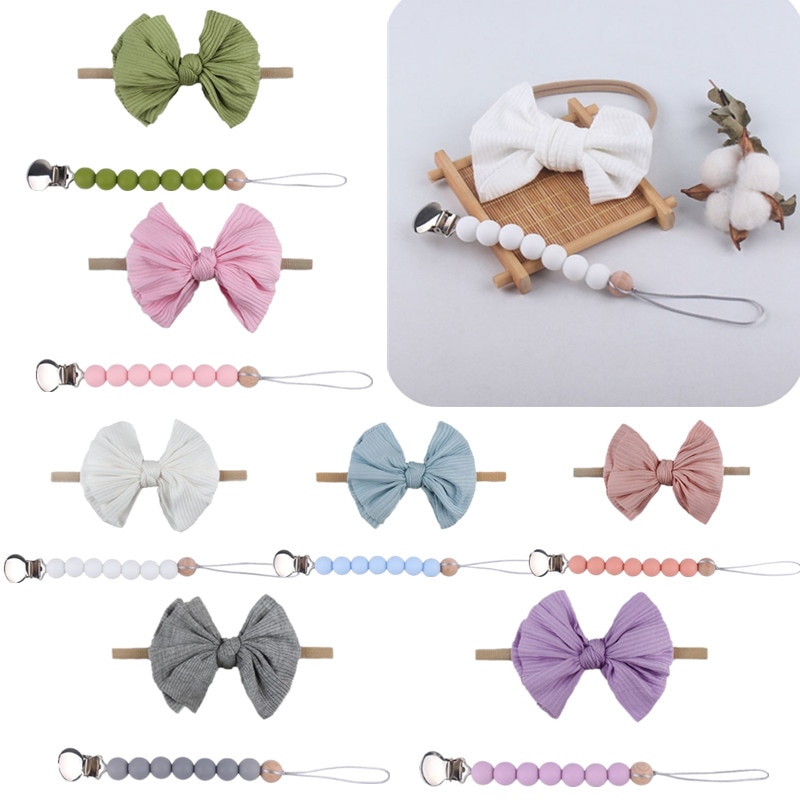 2 Pc BPA Free Silicone Beads Baby Pacifier Clip Chain+Bowknot Headband Set DIY Dummy Nipple Clips Holder Cute Hairband Baby Item