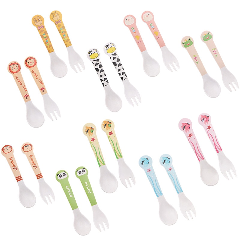 2pcs/Set Baby Feeding Spoon + Fork Creative Bamboo Fiber Children's Fork Set Baby Food Supplement Spoon Fork 10 Colors