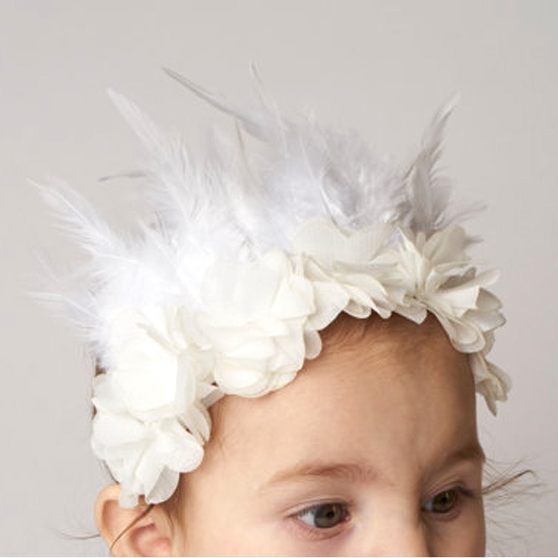 New High-quality White Feather Chiffon Flower Children's Headband Fashion Simple Kid Headdress