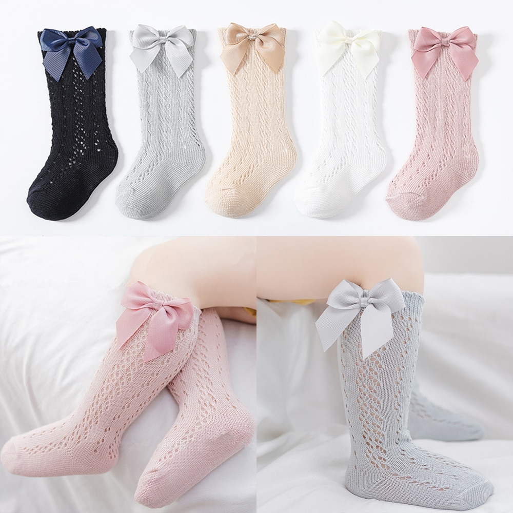 New Brand Toddlers Girls Socks Baby Bow Long Sock Kids Knee High Cotton Mesh Spanish Style Children 0-5 Years Breathable Socks