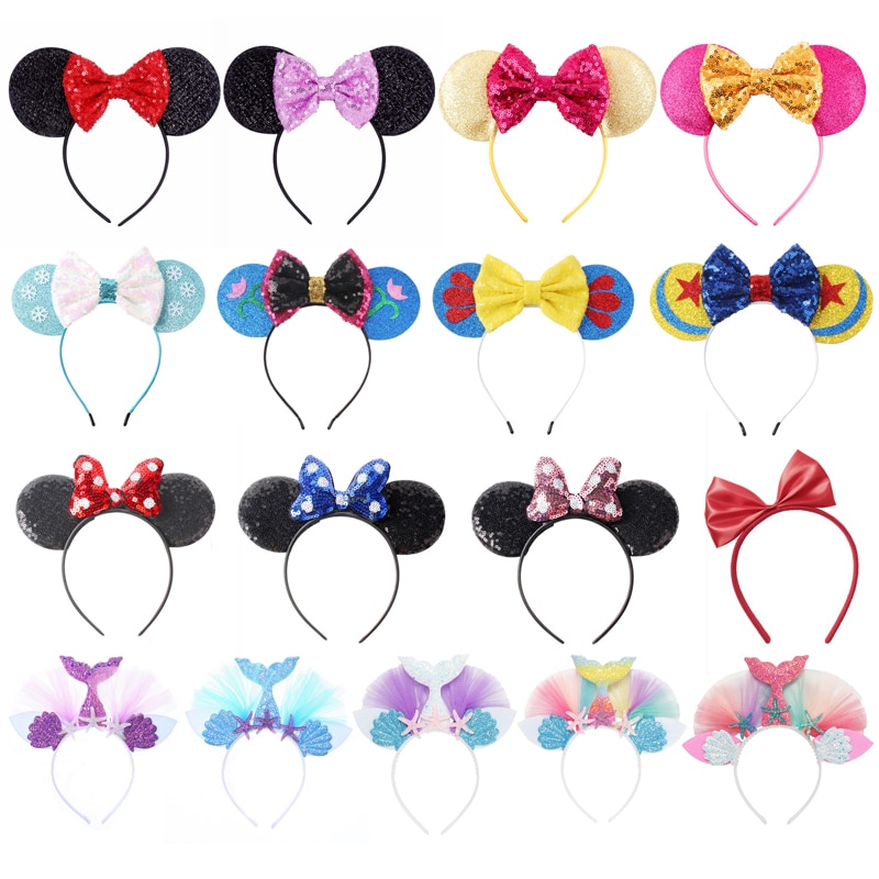 VOGUEON 2022 New Cute Glitter Bow Mouse Ears Headband Princess Crown Girls Sequins Bow Hairband Kids Headwear Hair Accessories