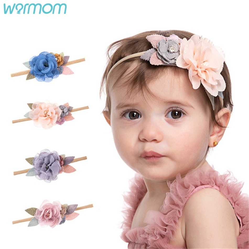 Warmom Fashion Mesh Stitching Flower Nylon Baby Hair Accessories Handmade Fabric Simulation Rose Children's Hairband
