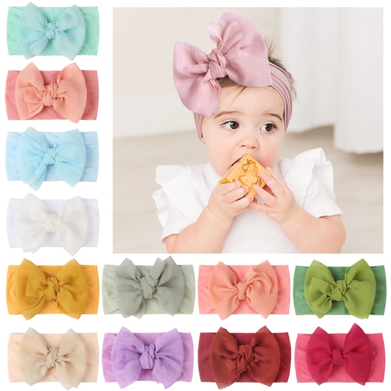 Double Layer Solid Color Handmade Bows Infant Hairband Comfortable Soft Elastic Nylon Headband Kids Accessories Birthday Gifts