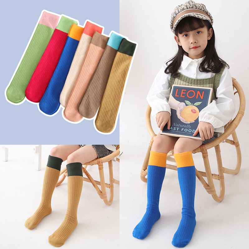 7-color children's color matching vertical strip cotton calf socks spring and autumn baby knee socks breathable tube socks
