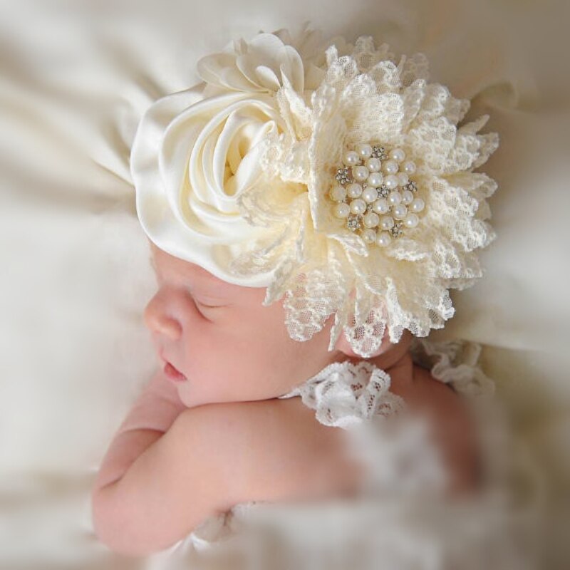 Baby Girls Pearl Flower Headband with Lace Wide Headbands Newborn Infant Photography Props Hair Accessories Kids Turban