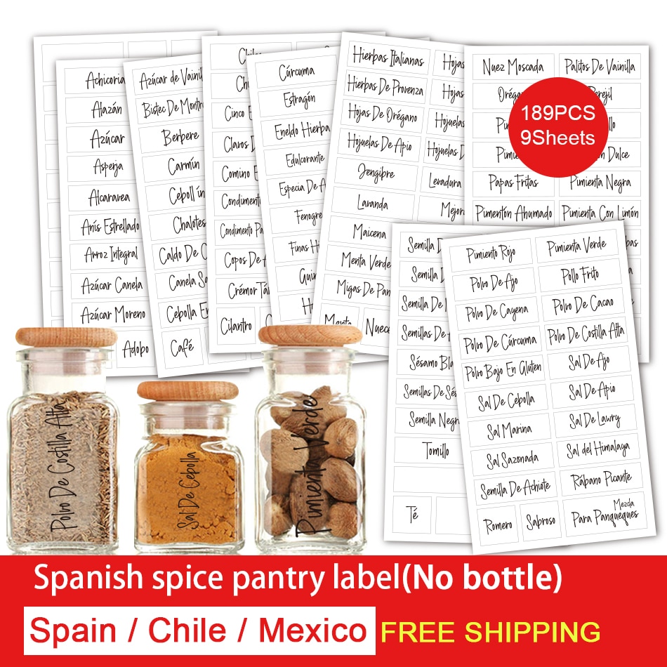 189PCS Spanisch Spice Etiketten Gedruckt Wasserdichte Transparente Selbst Klebe Speisekammer