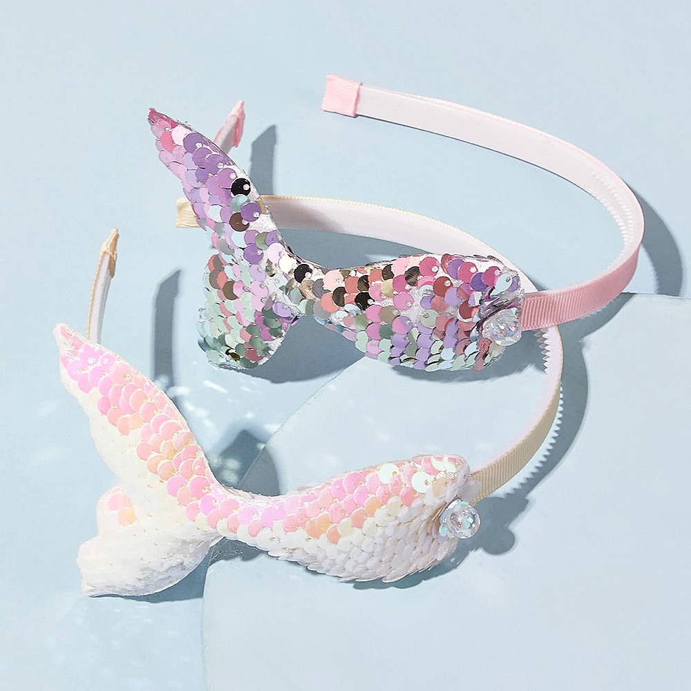 1 PCS Cute Cartoon Print Grosgrain Ribbon Bows Baby Hair Hoop Shining Sequins Mermaid Toddler Elastic Hairband Children Headwear