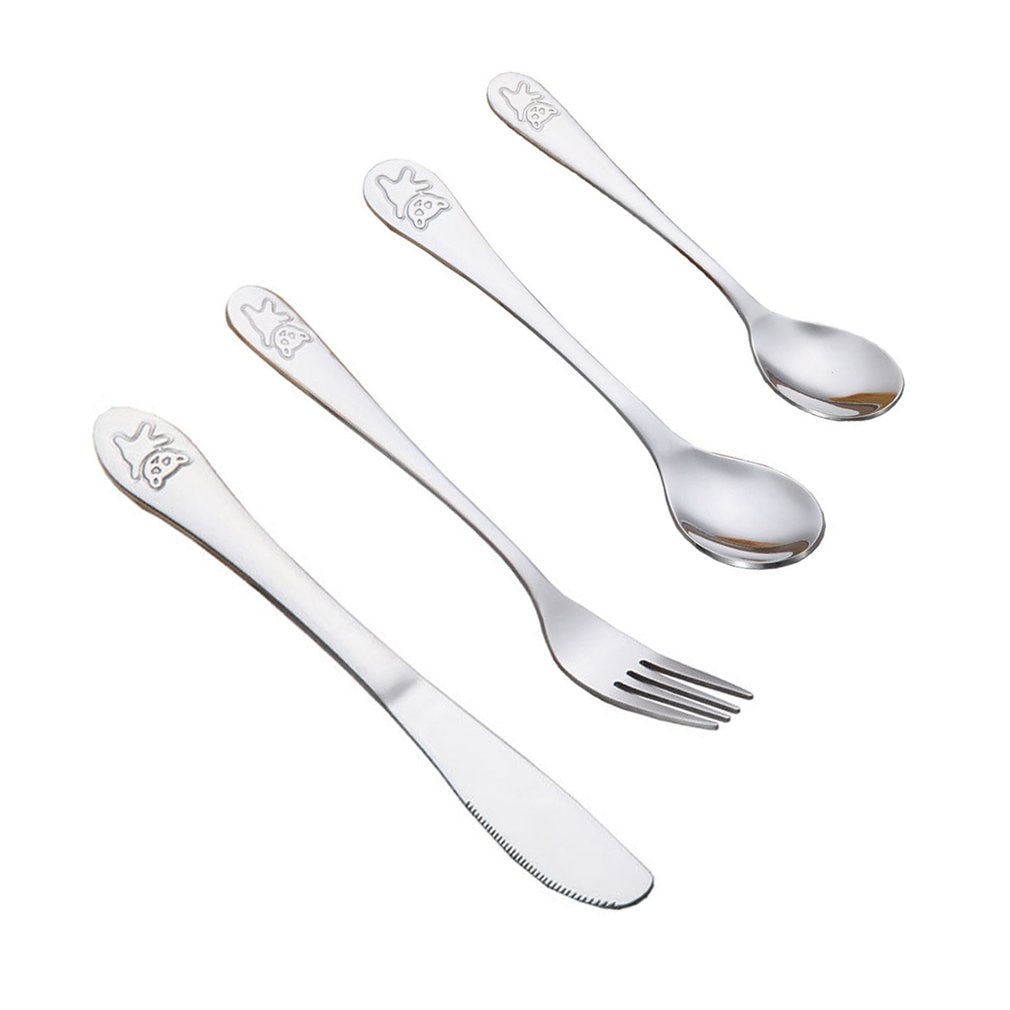 4pcs / set Utensils Set Fork Knife Teaspoon Spoon Food Baby Feeding Children Learning Food Habit Kids Stainless Steel Cutlery