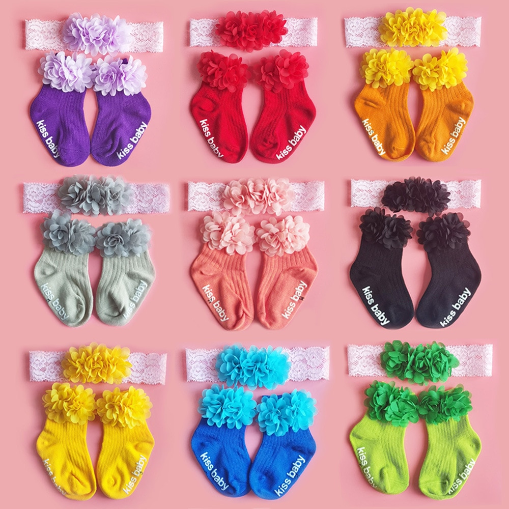 Fashion Children Hairband Socks Set Baby Chiffon Flowers Head Warp Comfortable Breathable Cotton Knitted Sock Infant Headwear
