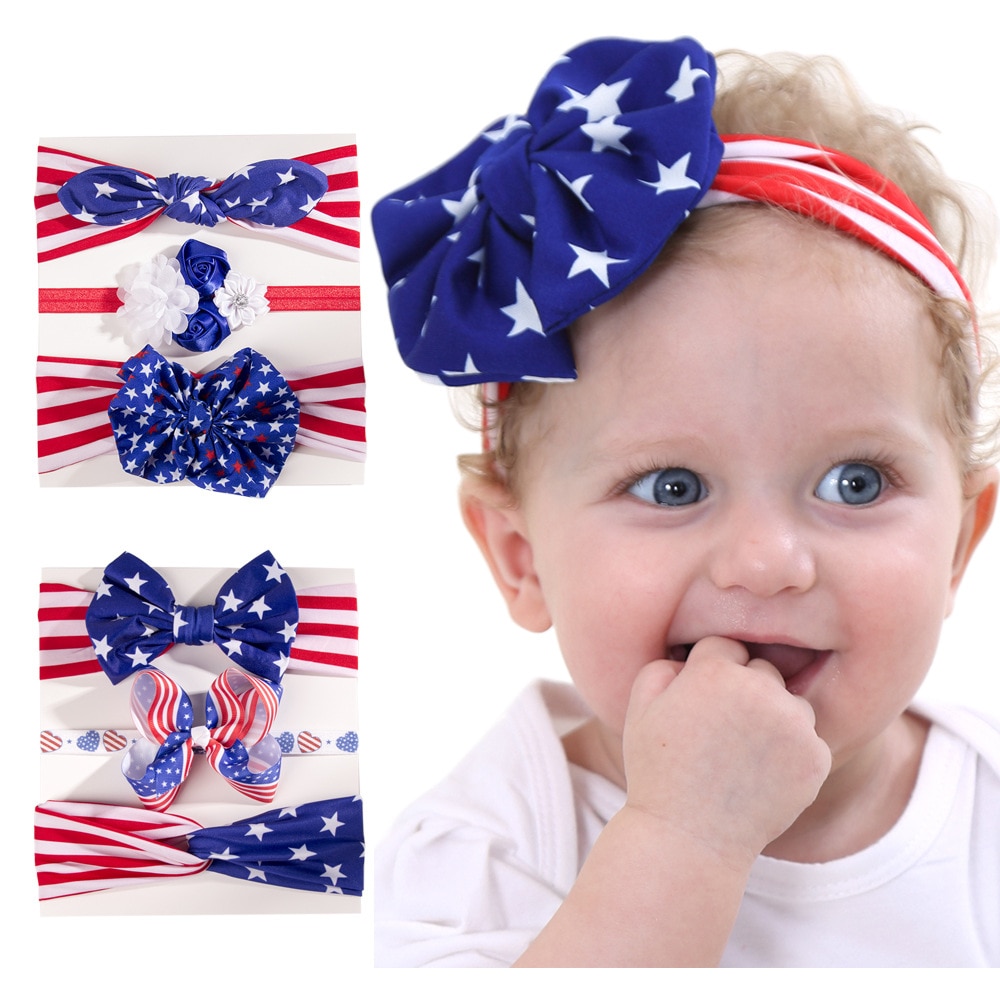 Yundfly 3 Pack New Independence Day Headbands Set for Baby Girls Elastci Bowknot Hair Bands July Fourth Headwraps