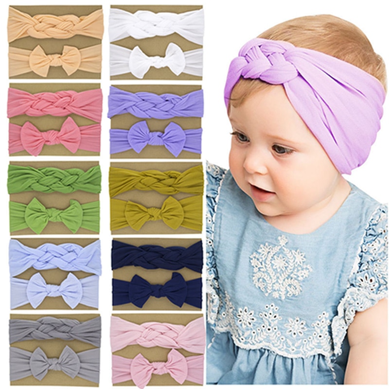 Yundfly 2pcs Vintage High Elastic Newborn Nylon Hair Bows Headbands for Baby Girls Toddler Knotted Turban Headbands