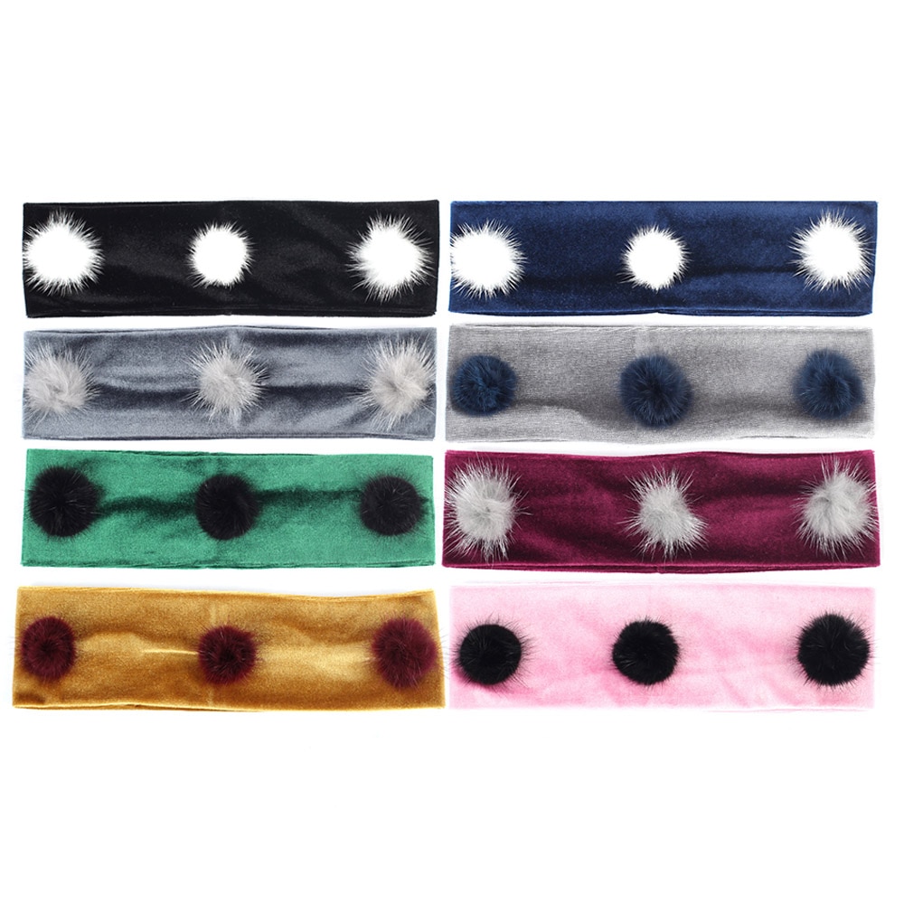 Cute Real Fur Pompom Candy Color Headband Newborn Girls Headband Baby Stretchy Headband Flat Hair Accessories