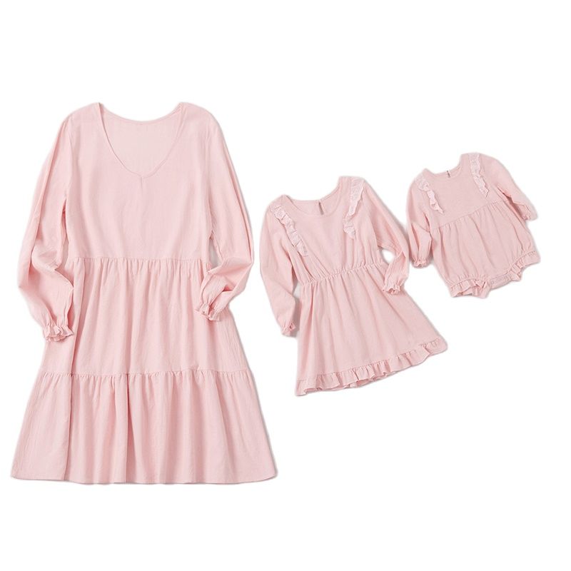 Matching Family Outfits Mommy And Me Dresses 2021 Autumn Mom And Daughter Dress Baby Girl Pink Clothes Ruffle Long Sleeve Dress
