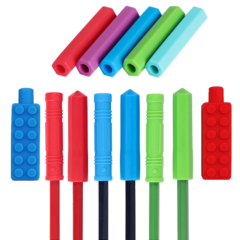 New 1Pcs Chewable Pencil Topper Bite Silicone Teether Pencil Cap Sensory Toy for Kids Children Autism ADHD Chewlery Teether Care
