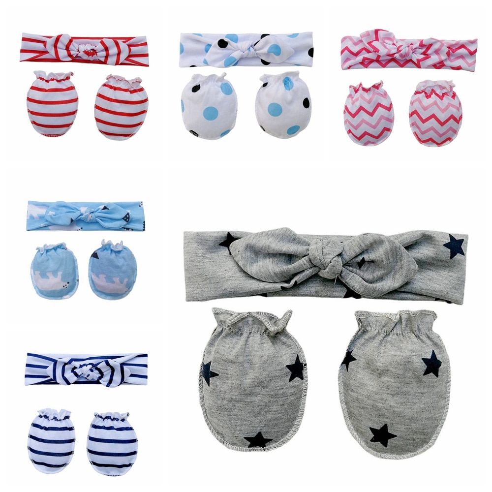 Toddler Cute Cartoon Print Bunny Ears Elastic Hairband and Glove Set Baby Anti-eat Hand Anti-Grab Face Protect Mitten Photo Prop