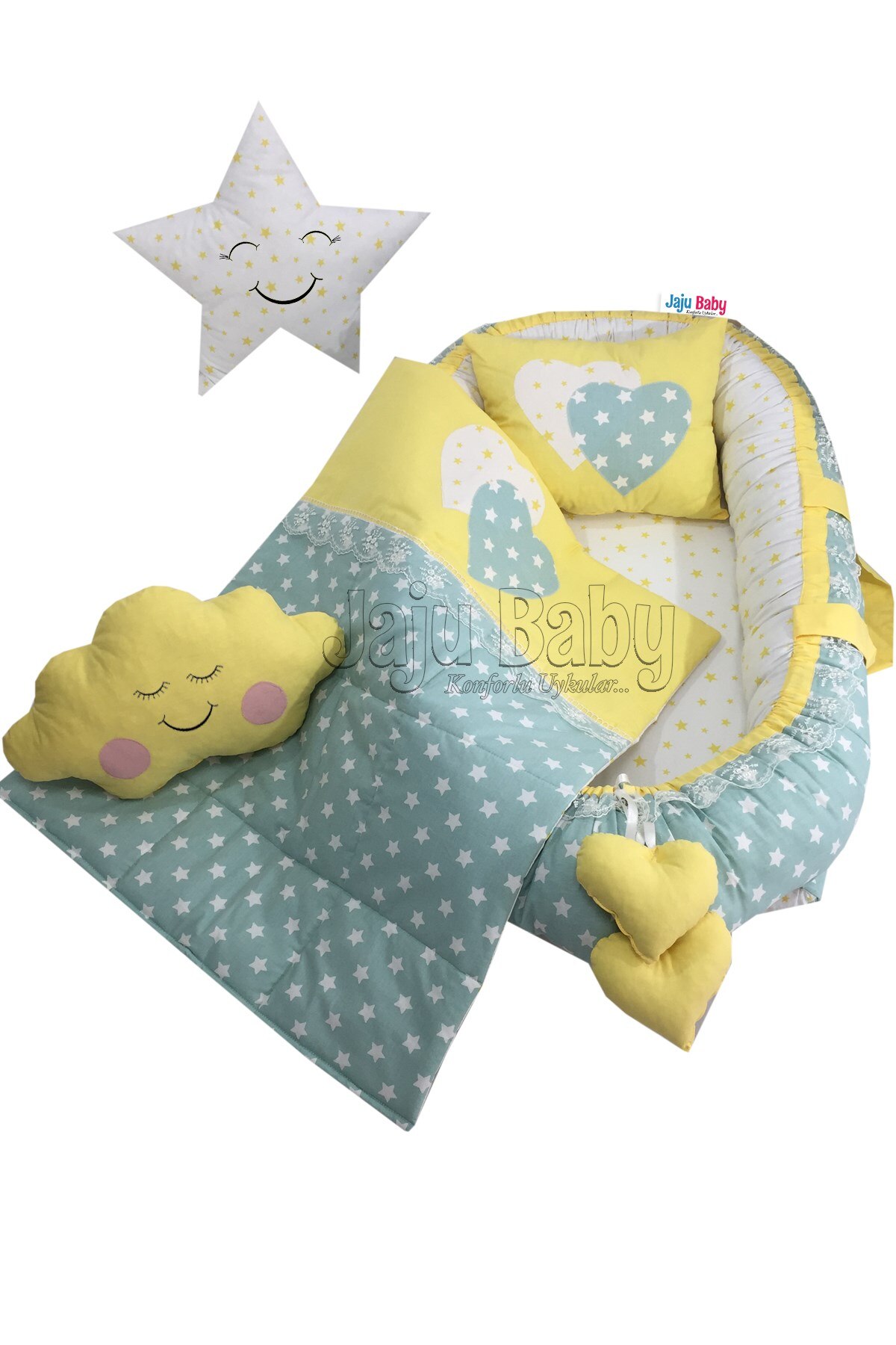 Jaju Baby Handmade Green-Yellow Star Patterned Lux Orthopedic Babynest 5 Pieces Set Mother Side Portable Baby Bed Sleeping
