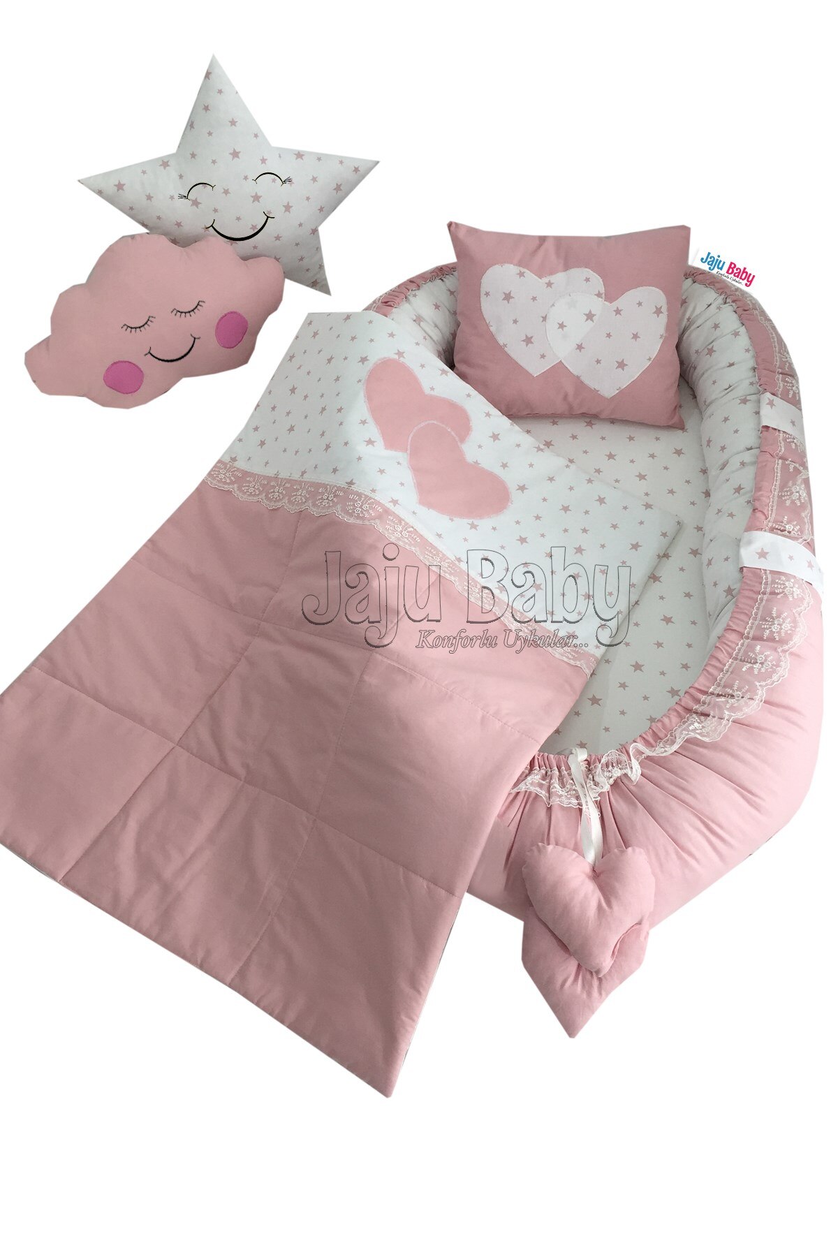 Jaju Baby Handmade, White and Powder Star Design Lux Orthopedic Babynest Set of 5 Mother Side Portable Baby Bed Sleeping