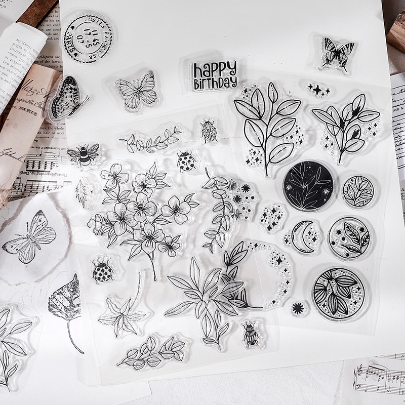 Vintage Plant Butterfly Number Silicone Clear Stamps for Card DIY Scrapbook