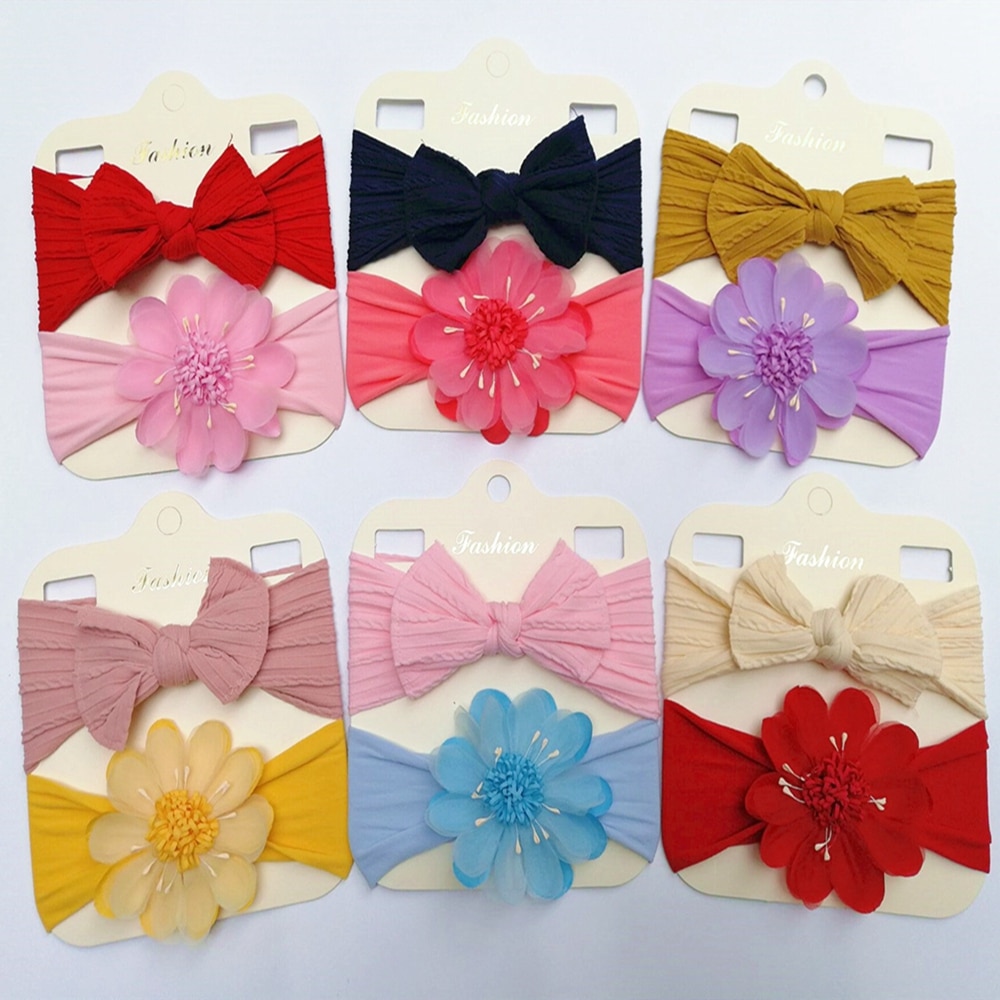 2pcs/set Toddler Solid Color Striped Bows Elastic Headband Fashion Handmade Flowers Nylon Hairband Kids Accessories Photo Props
