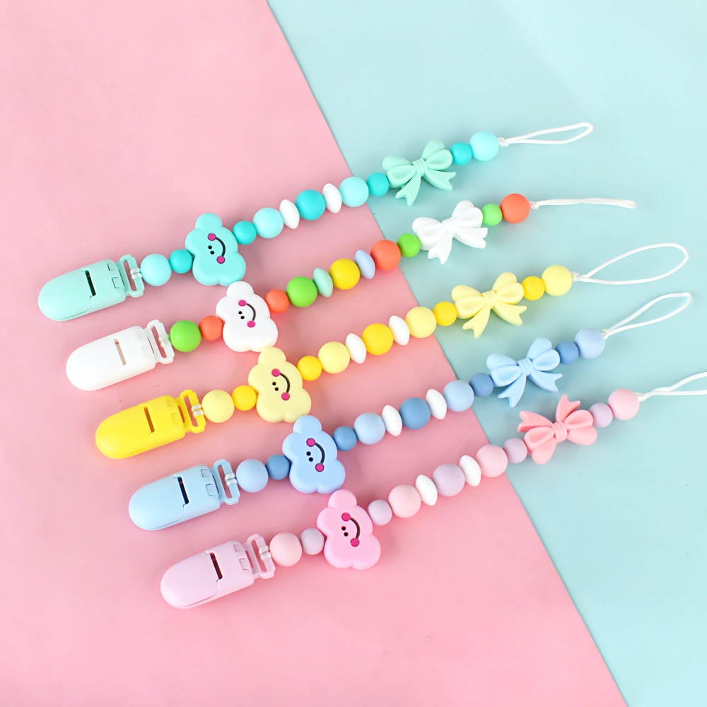 Baby Pacifier Dummy Clips Chain Cloud Bowknot Food Grade BPA Free Silicone Teething Teether Baby Pacifier Clip Holder Necklace