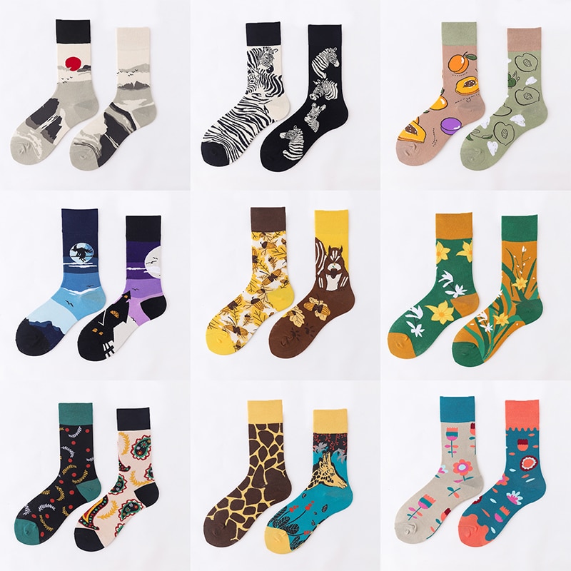 2023 Personality Cartoon AB Tide Fruit Flower Sun Moon Sports Long Tube Couple Pure Cotton Socks Creative Men and Women Socks