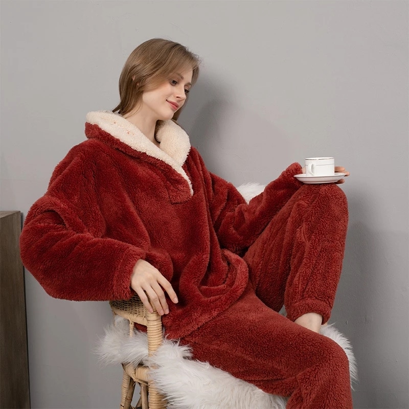 New Pajama Sets Women's Solid Long Sleeve Winter Woman Fluffy Pijama Suit with Pants Thick Warm Fleece Home Clothes for Fem