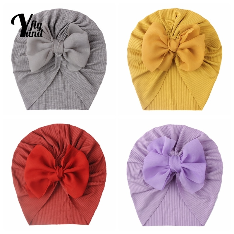 Yundfly Fashion Handmade Chiffon Bowknot Baby Girls Turban Hat Solid Color Striped Children Cap Cute Bows Headwear Birthday Gift