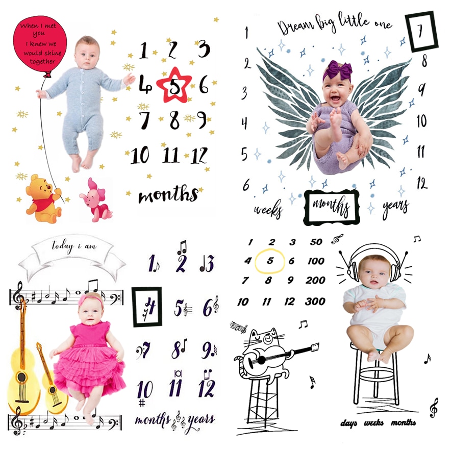 0-12 Month New Baby Monthly Milestone Blanket Stickers Frames Photo Props Background Diaper Keepsake Backdrop Cloth Accessories