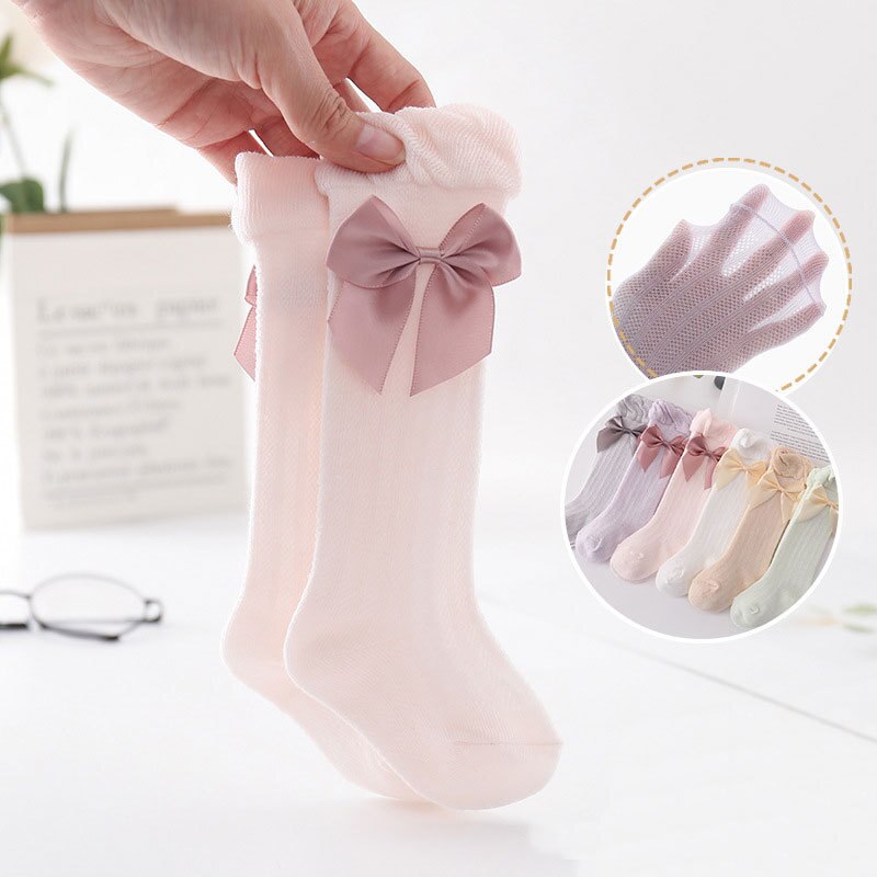 Summer Baby Socks With Bow Kids Girls Long Knee High Cotton Hollow Out Toddlers Socks Mesh Children Princess Socken For 0-3Years