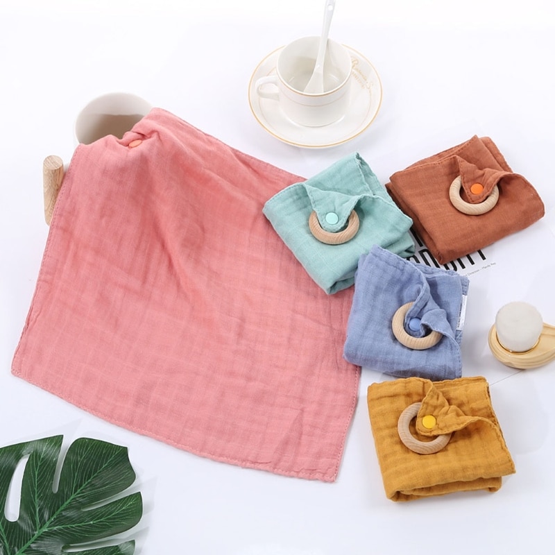 J60B Baby Soother Appease Towel Bibs with Wooden Teether Ring Solid Color Bandana Burp Cloth Infant Toys