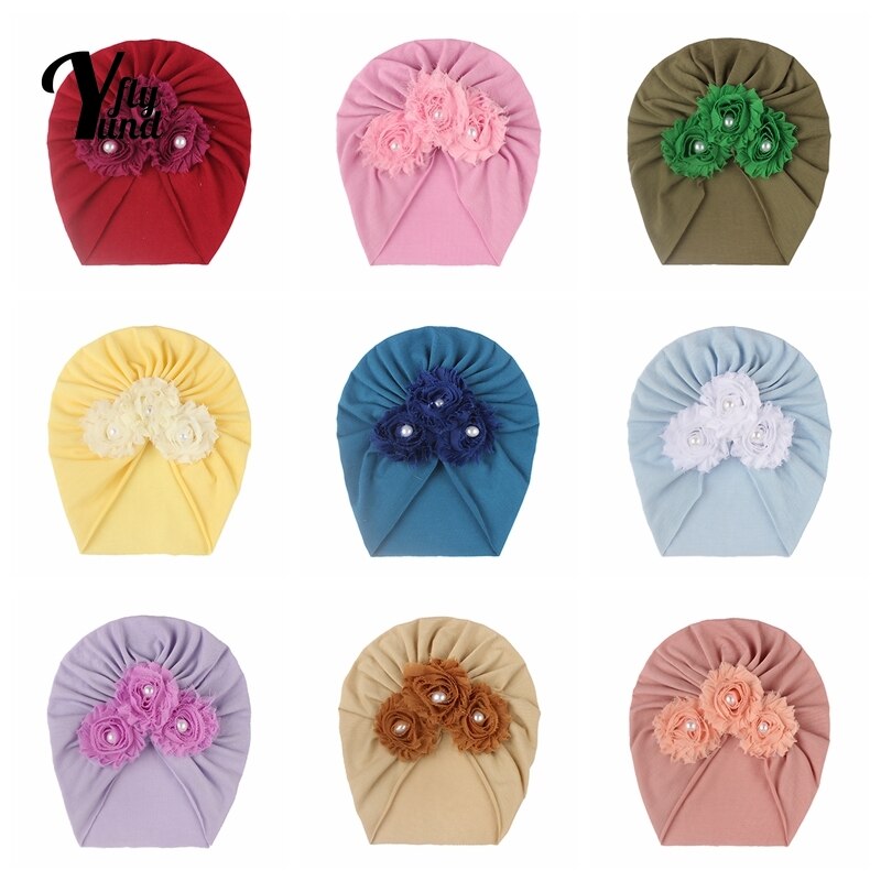 Yundfly Solid Color Handmade Flowers Baby Girls Turban Hat Fashion Soft Infant Indian Cap Newborn Headwear Kids Hair Accessories