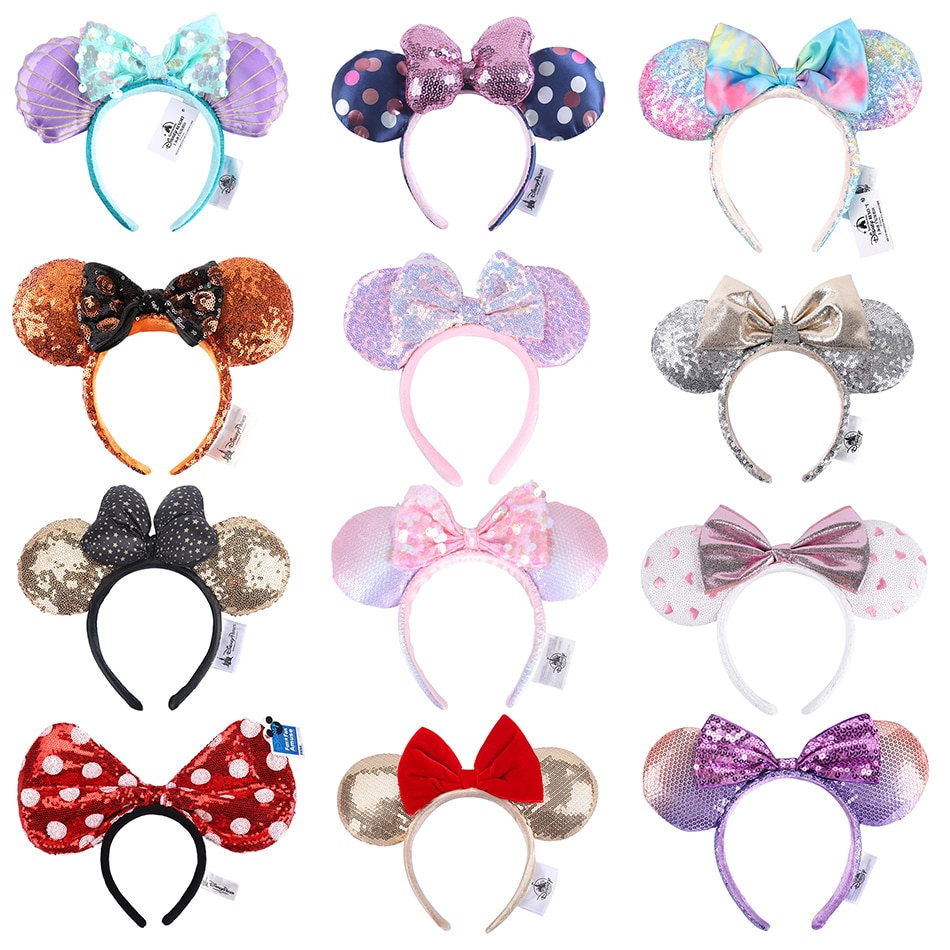 Disney Christmas Hair Accessories for Girl Minnie Mouse Ears Headbands Adult Kids Kawaii Sequin Bows Girl Party Hairband