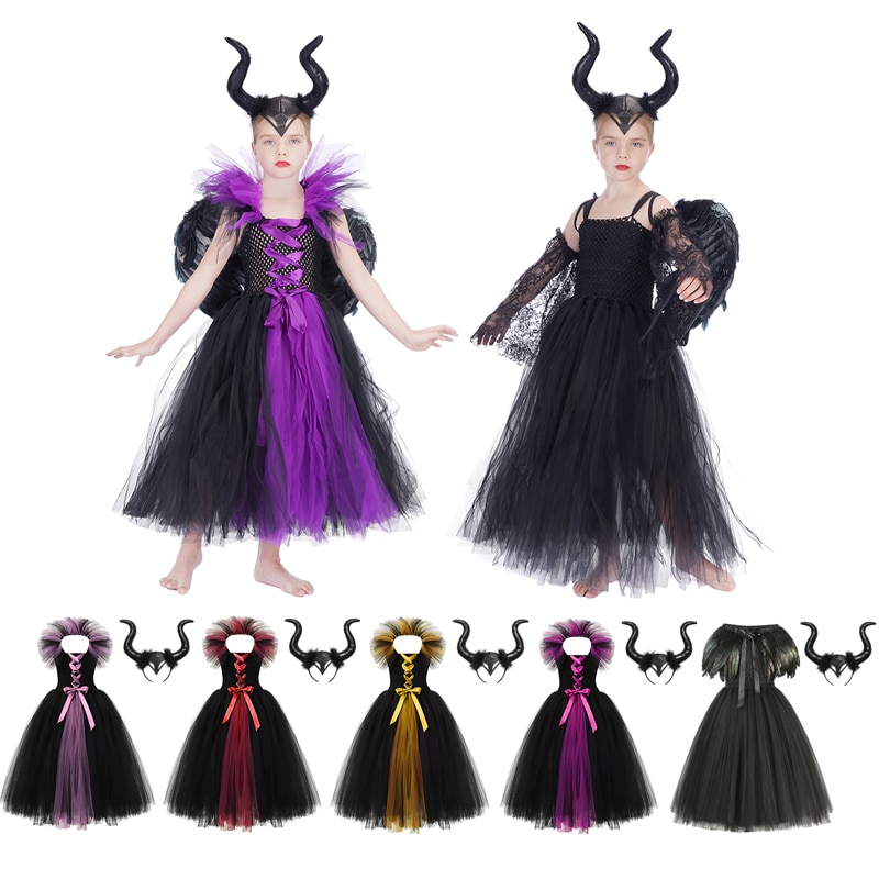 Disney Maleficent Dress Girls Witch 2 Tutu Dresses Headwear Wings Halloween Evil Queen Fairy Cosplay Costume Vestidos for Kids